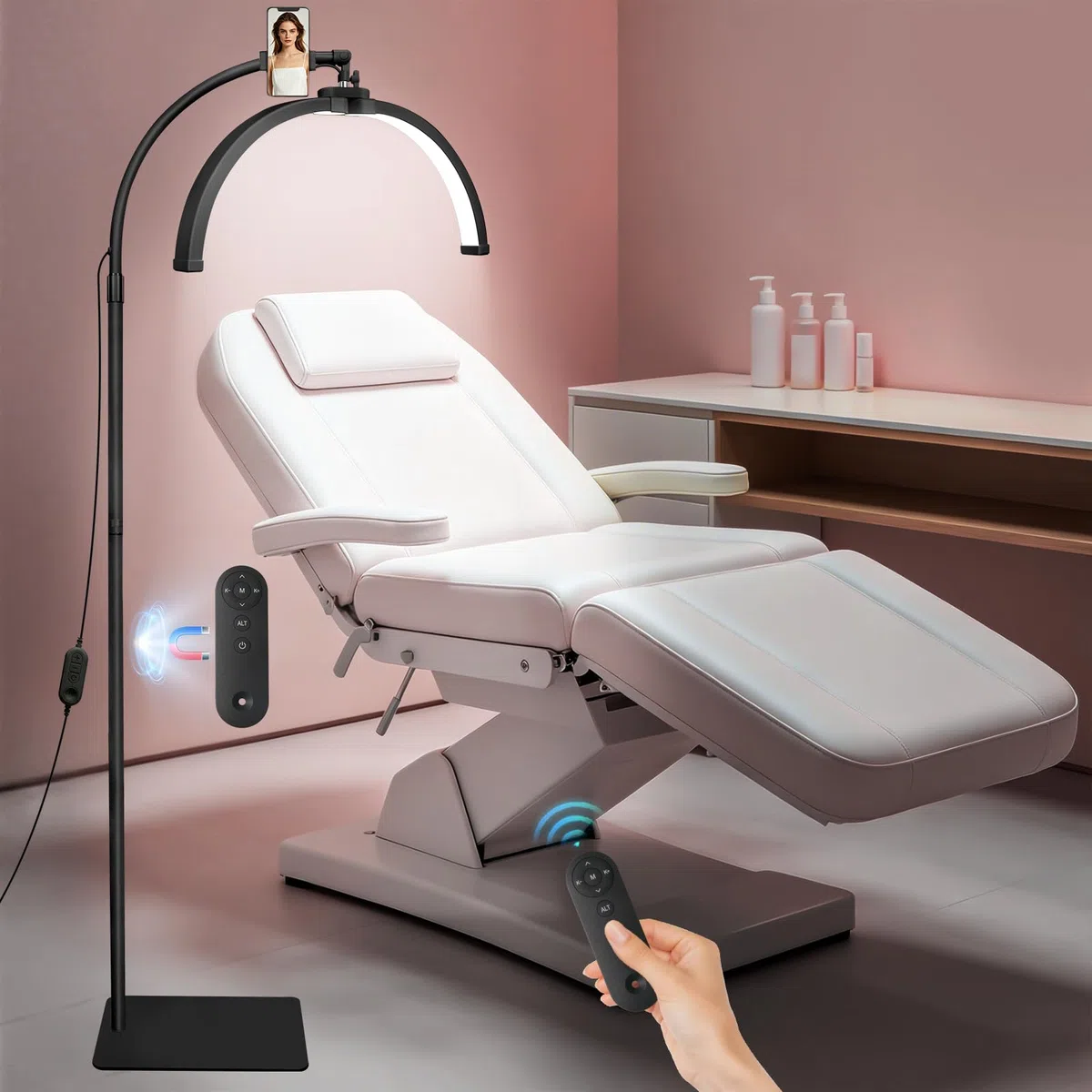 Lampe Extension de Cils Demi-lune Pliable LED avec Support de Téléphone 360° Rotative Luminosité et Hauteur Réglable Noir
