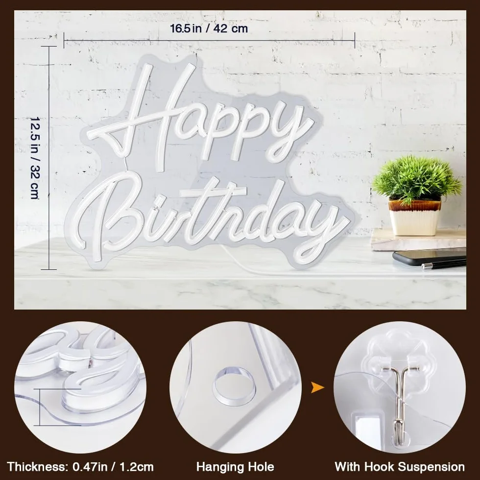 Happy Birthday Neon Sign, Lampe Néon LED Blanc Chaud Décoration de Fête d'Anniversaire, environ 42 x 32 cm