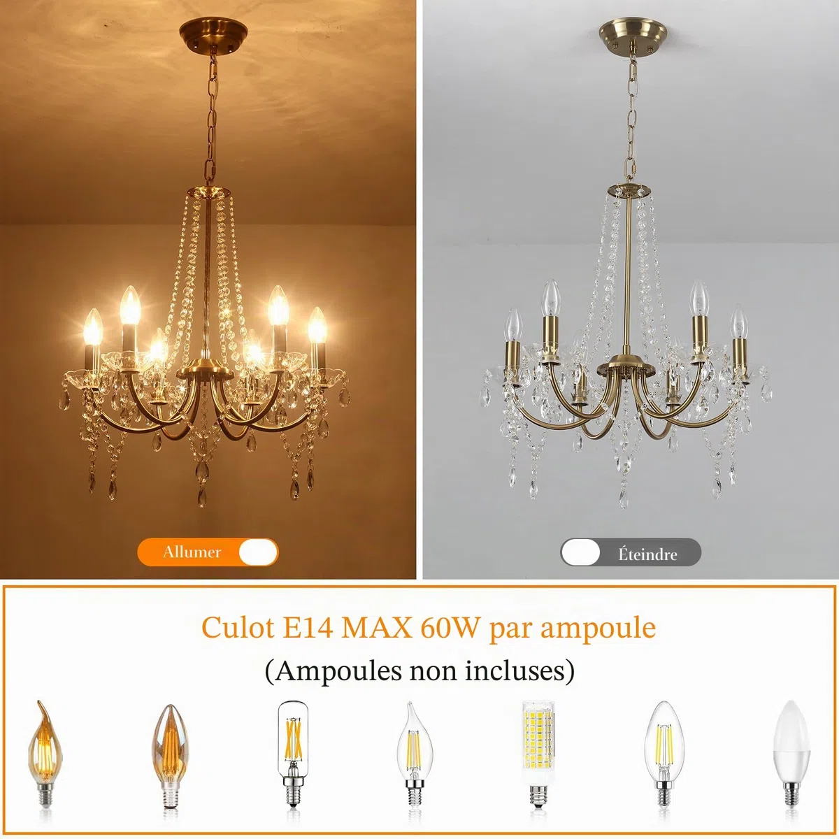 Lustre Cristal Chandelier Doré Lustre Salle à Manger Luminaires IntéRieur Convient Aux Salles à Manger, Salons, Couloirs Et Chambres à Coucher, L 51x H 58, Douille E14 (Ampoule Non Incluse)