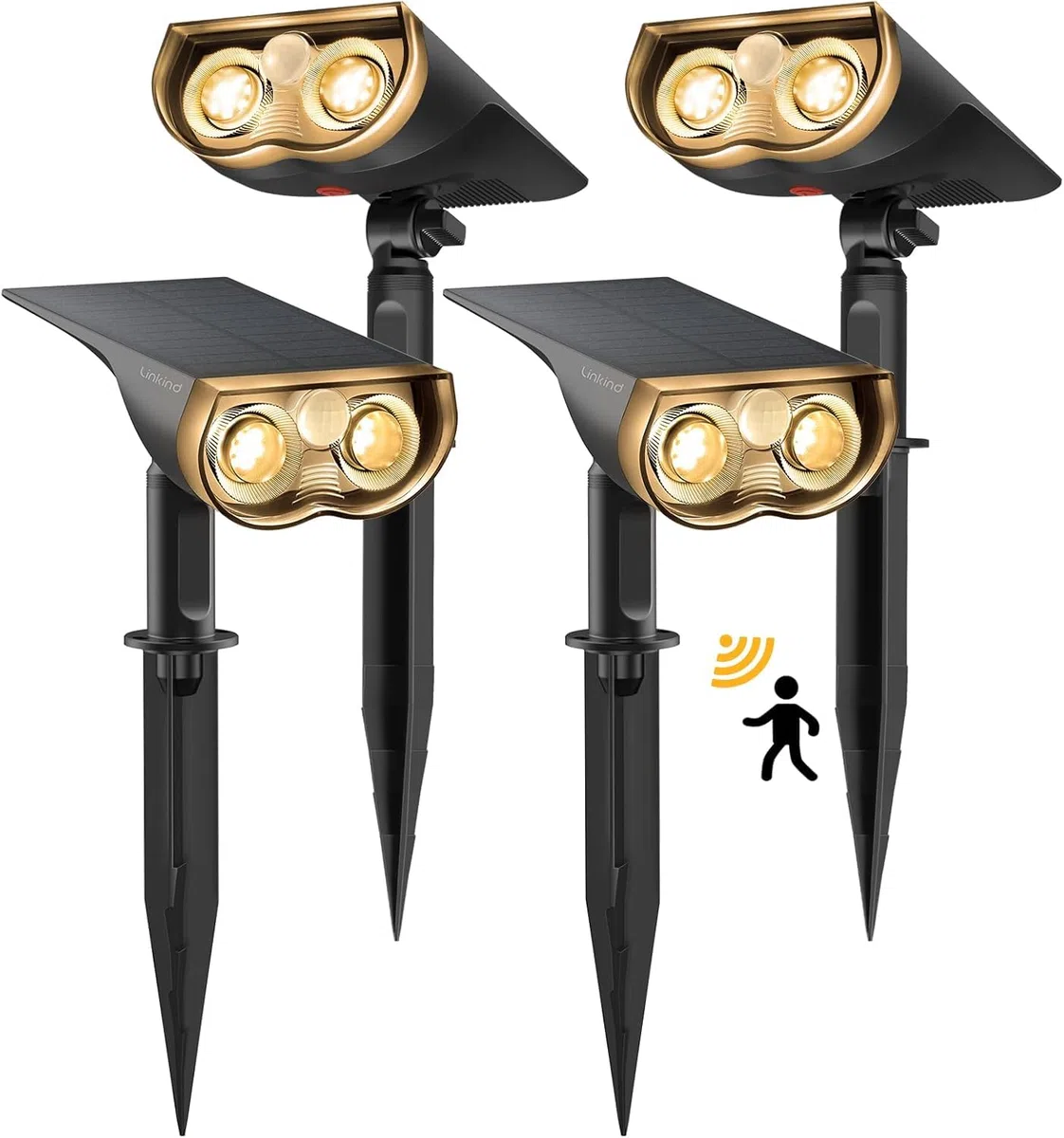 Linkind Lampe Solaire Extérieur Détecteur de Mouvement 1000Lm 3000K Blanc Chaud 3 Modes Éclairage Continu Spot Solaire Allée StarRay IP67 LED Projecteur Jardin 4PCS