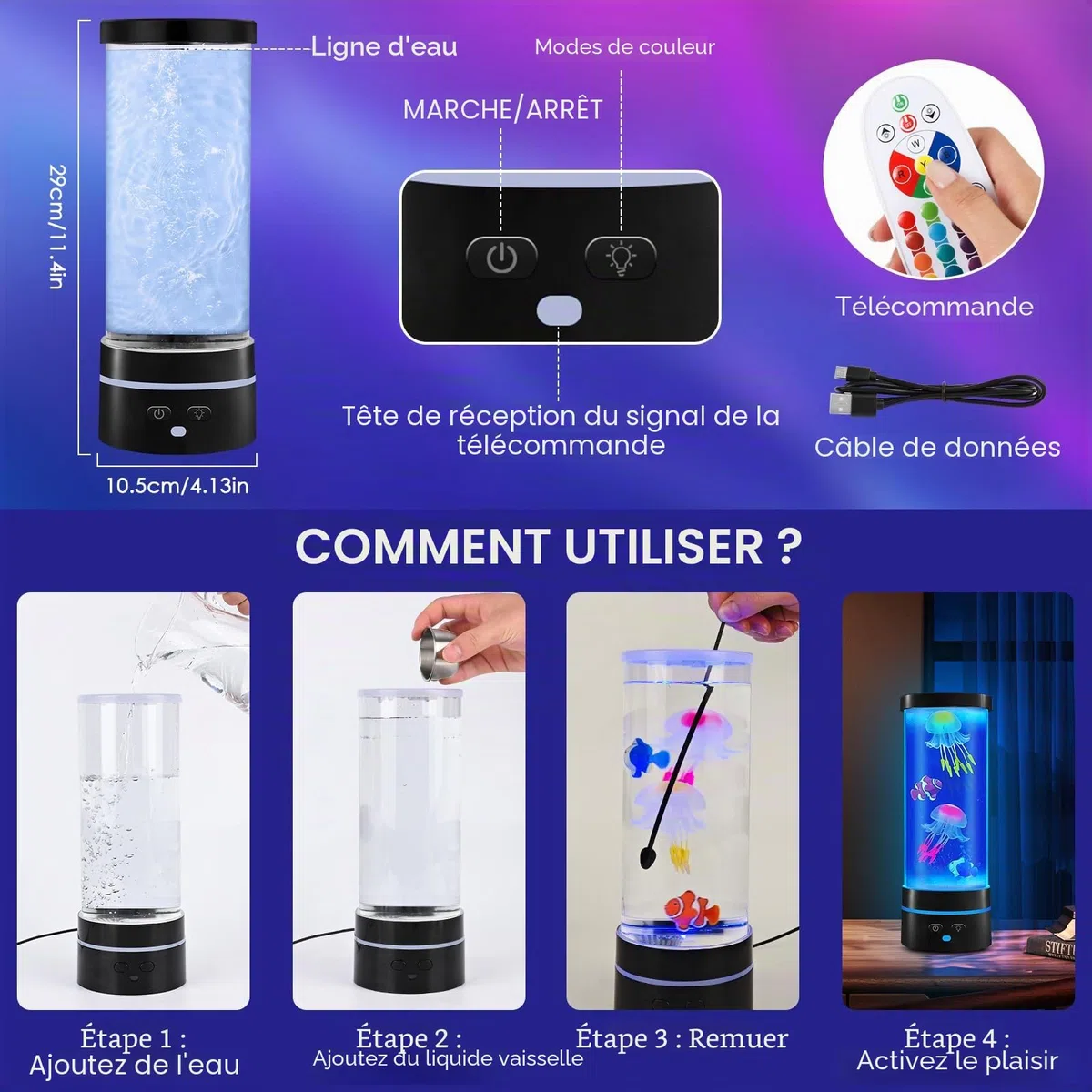 Lampe LED Méduse - 17 Couleurs - Ronde - Décoration Intérieure avec Télécommande - Cadeau Noël Enfants