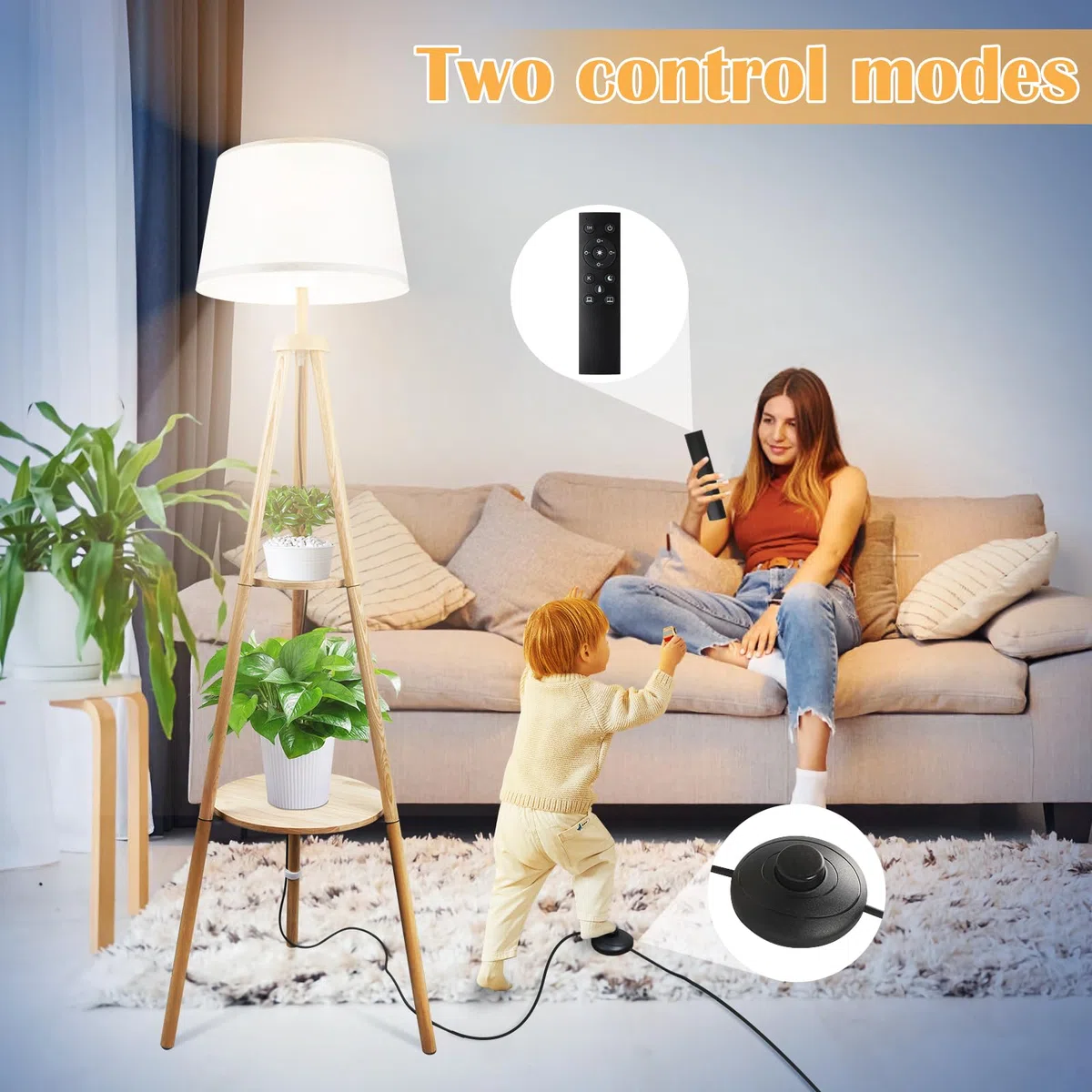Lampadaire LED en Bois Réglable avec Télécommande, 3 Tons, Minuterie 1H, Interrupteur Pied