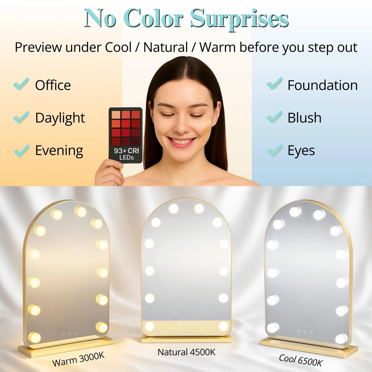 LUXFURNI Miroir à langer avec lumières, miroir de maquillage Hollywood arqué, 12 ampoules réglables, contrôle tactile, 3 modes d'éclairage