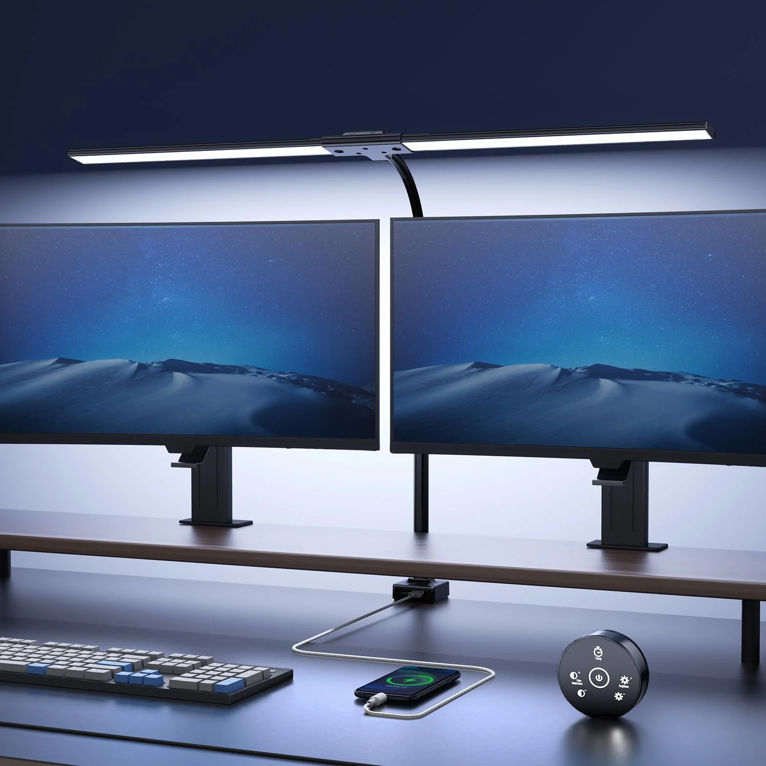 Lampe de Bureau LED 24W 1500LM 80CM avec Pince, Télécommande, Port USB Noir