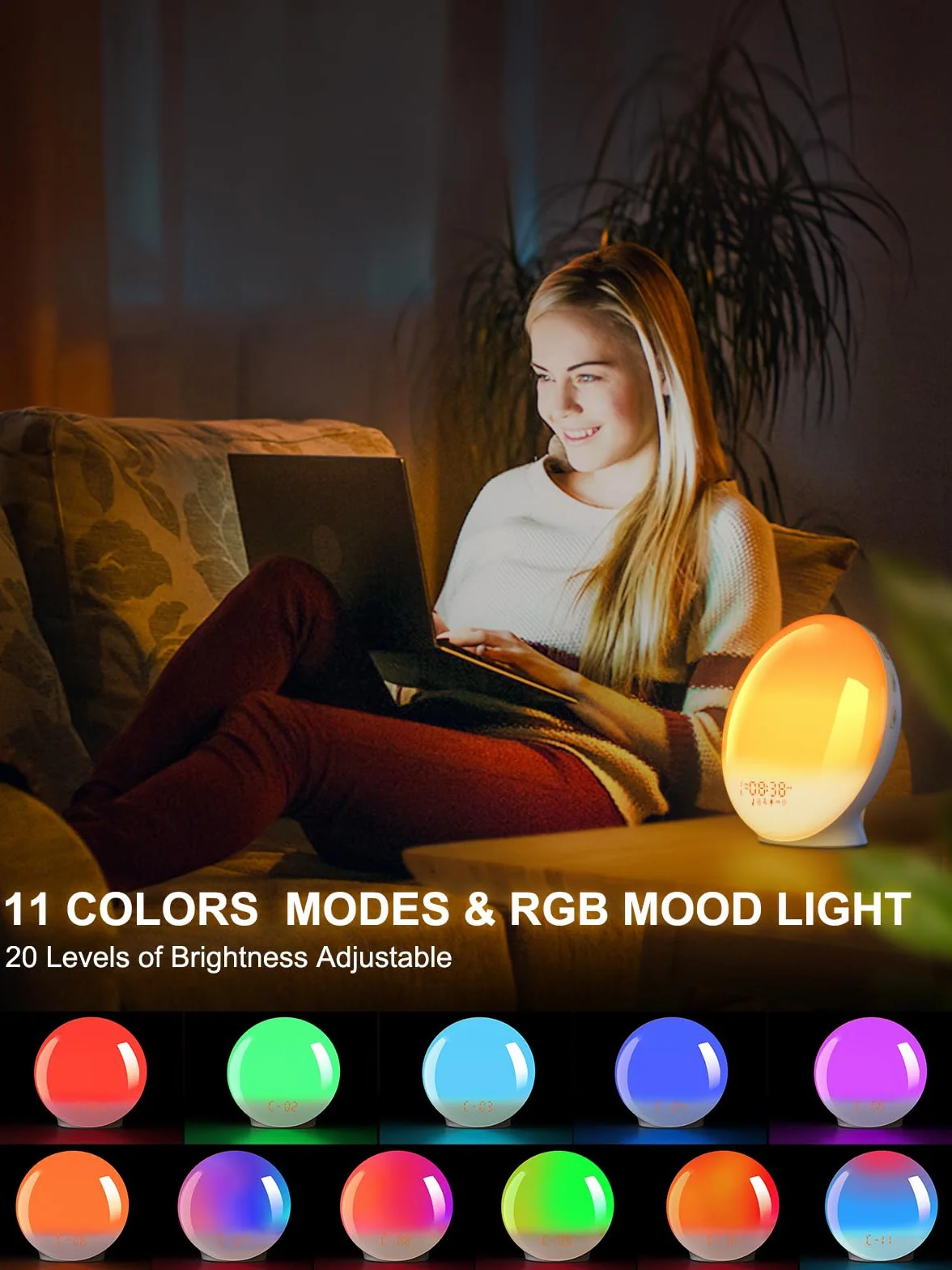 Réveil Lumineux Bluetooth APP, Radio Réveil Simulateur d'Aube et Crépuscule 20 Niveaux Luminosité 4 Réveils 7 Sons Naturels 11 Couleurs Veilleuse