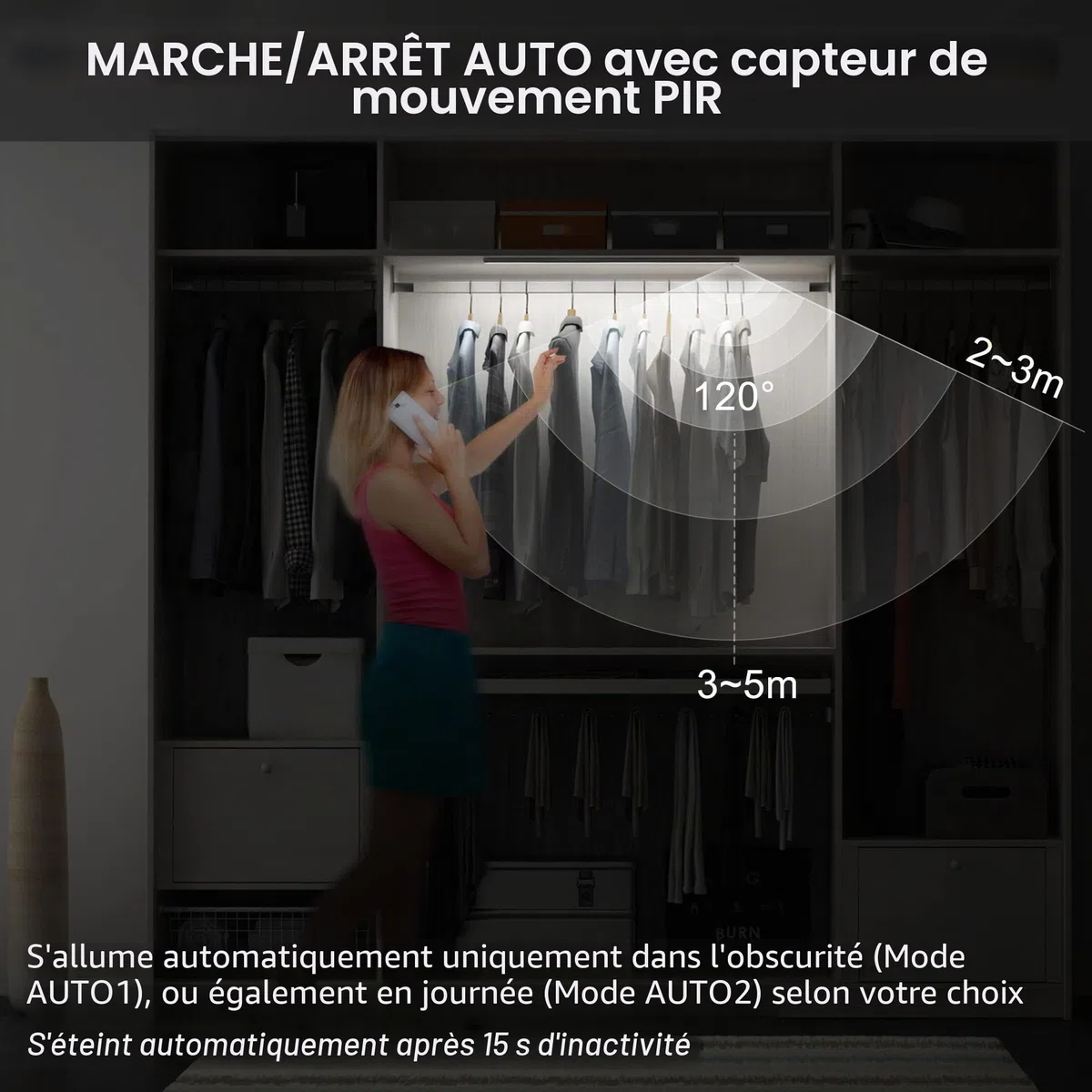 Led Lampe Dimmable de Placard 60cm, Applique Murale sans Fil avec Détecteur de Mouvement Interieur, Réglette Led Rechargeable sous Meuble Cuisine à 3 Modes d'Eclairage