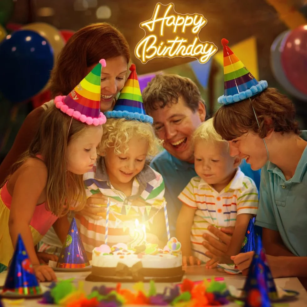 Happy Birthday Neon Sign, Lampe Néon LED Blanc Chaud Décoration de Fête d'Anniversaire, environ 42 x 32 cm