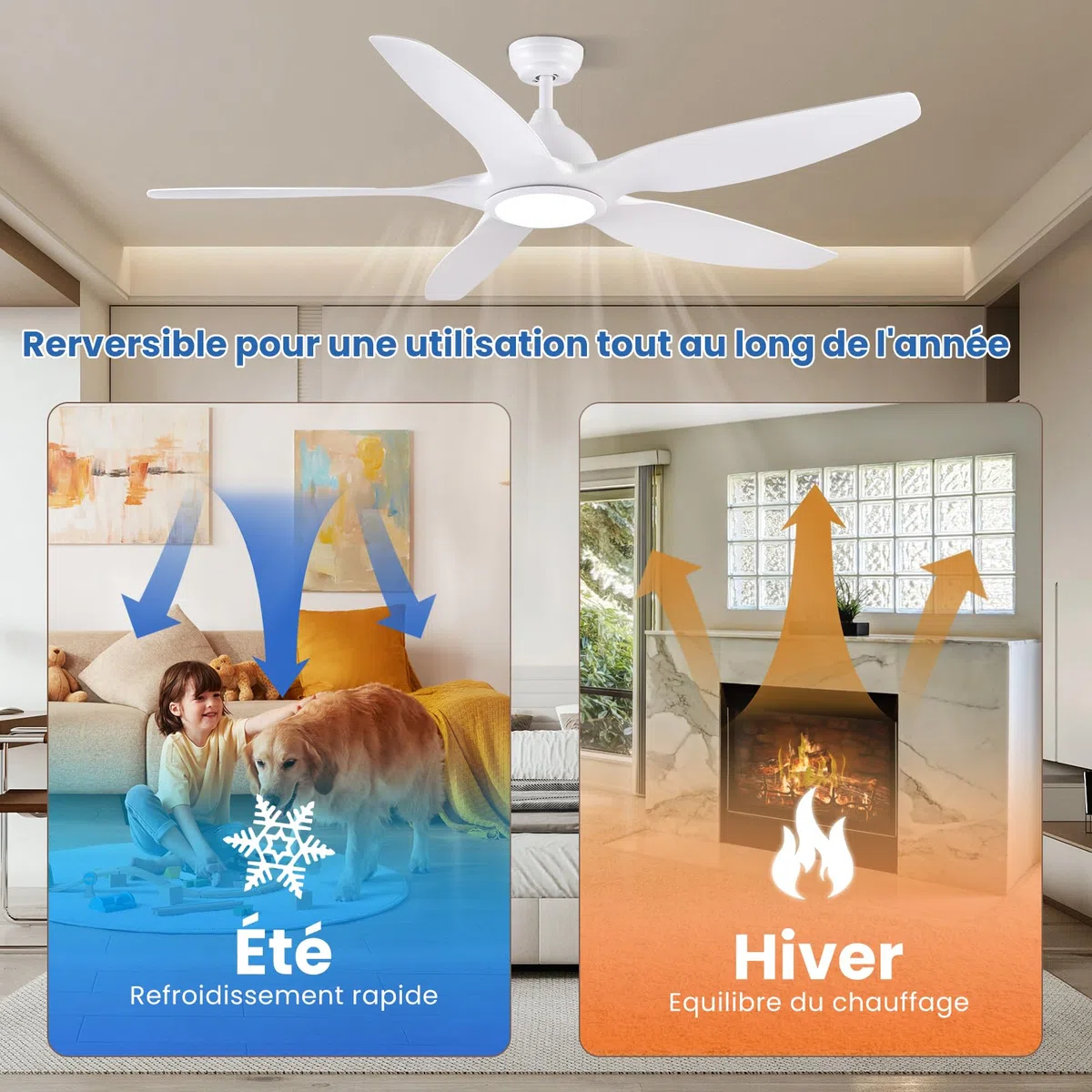 Newday Ventilateur de Plafond Blanc 153cm avec Lumiere et Télécommande Silencieux, Moteur DC Réversible, 5 Pale Minuterie Dimmer