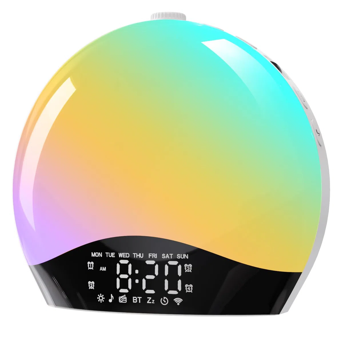 Réveil Lumineux avec Enceinte Bluetooth, Simulateur d'Aube, Radio Réveil Numérique, Lampe de Chevet Multicolore, Snooze, 22 Sons de Sommeil, Minuterie, 20 Luminosités