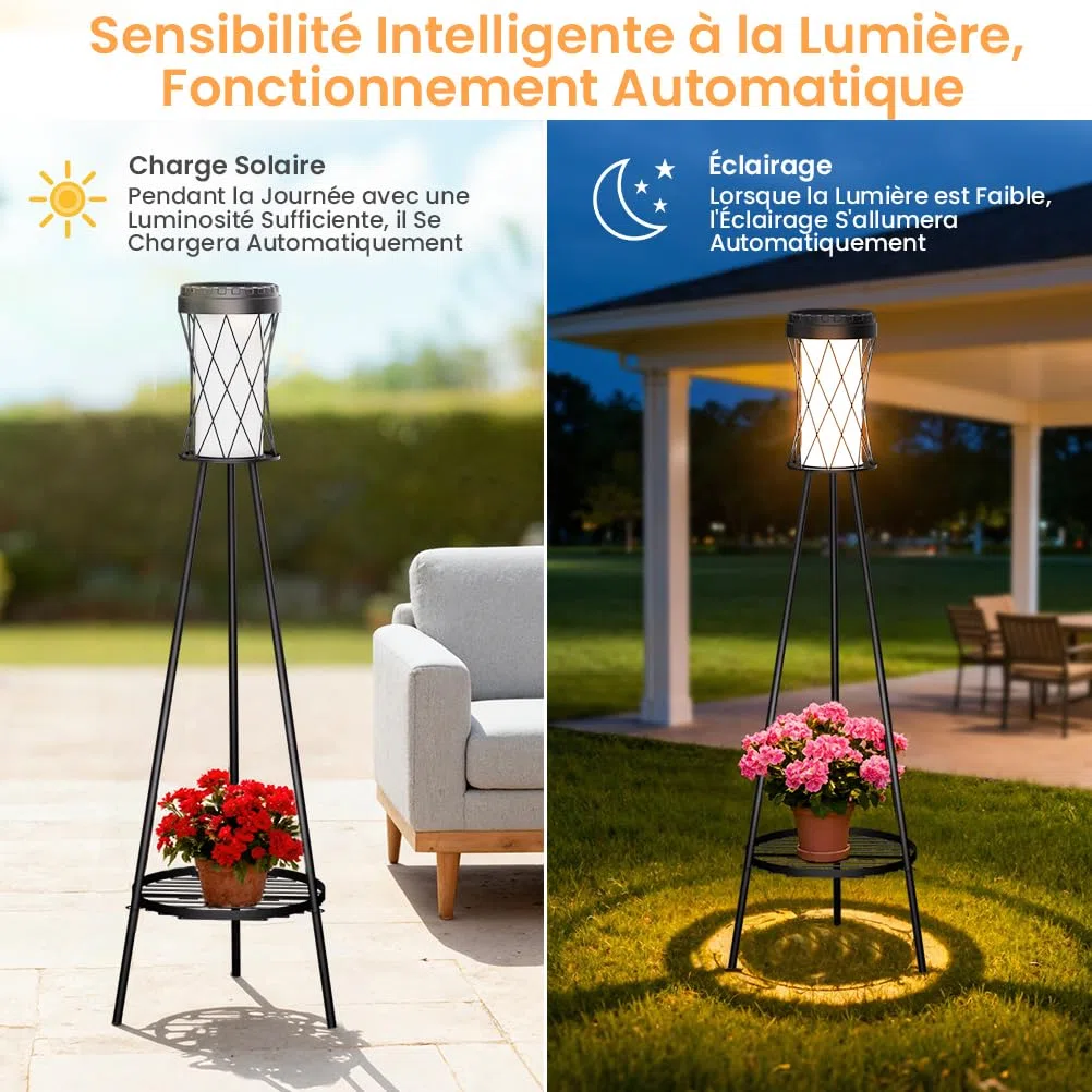 OUSFOT Lampe Solaire Exterieur avec USB sur Pied, Étanche Eclairage Exterieur Solaire, lampadaire pour Terrasse Jardin