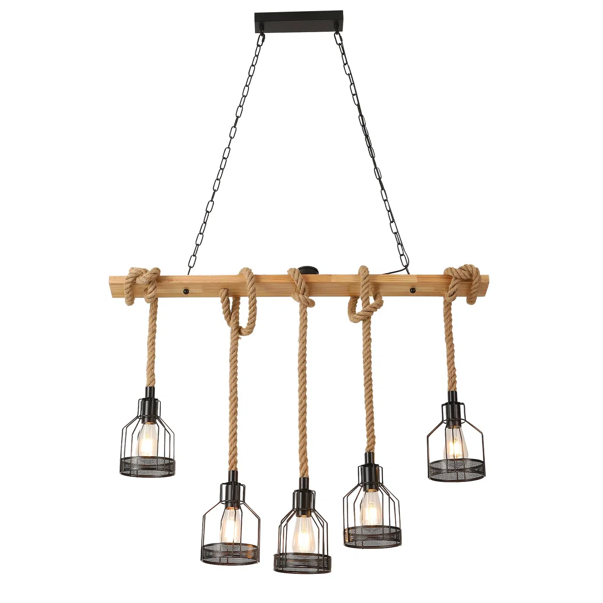 Lustre RéTro En Corde De Chanvre, Suspension En Bois, Suspension Industrielle E27, Plafonnier Cage MéTallique à 5 TêTes, Abat-Jour Marocain Pour Salle à Manger, Chambre, Restaurant, Cuisine