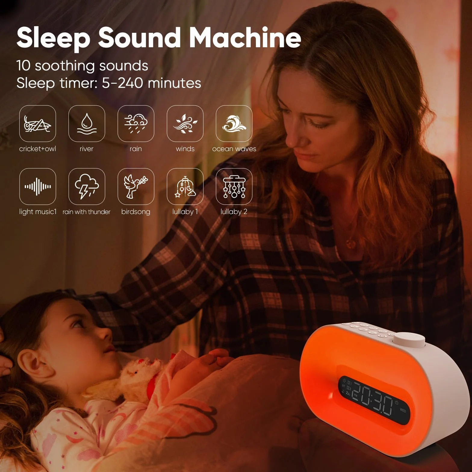 Lampe de Réveil Bluetooth avec Radio FM, 2 Alarmes, 16 Couleurs, Snooze, 8 Sonneries