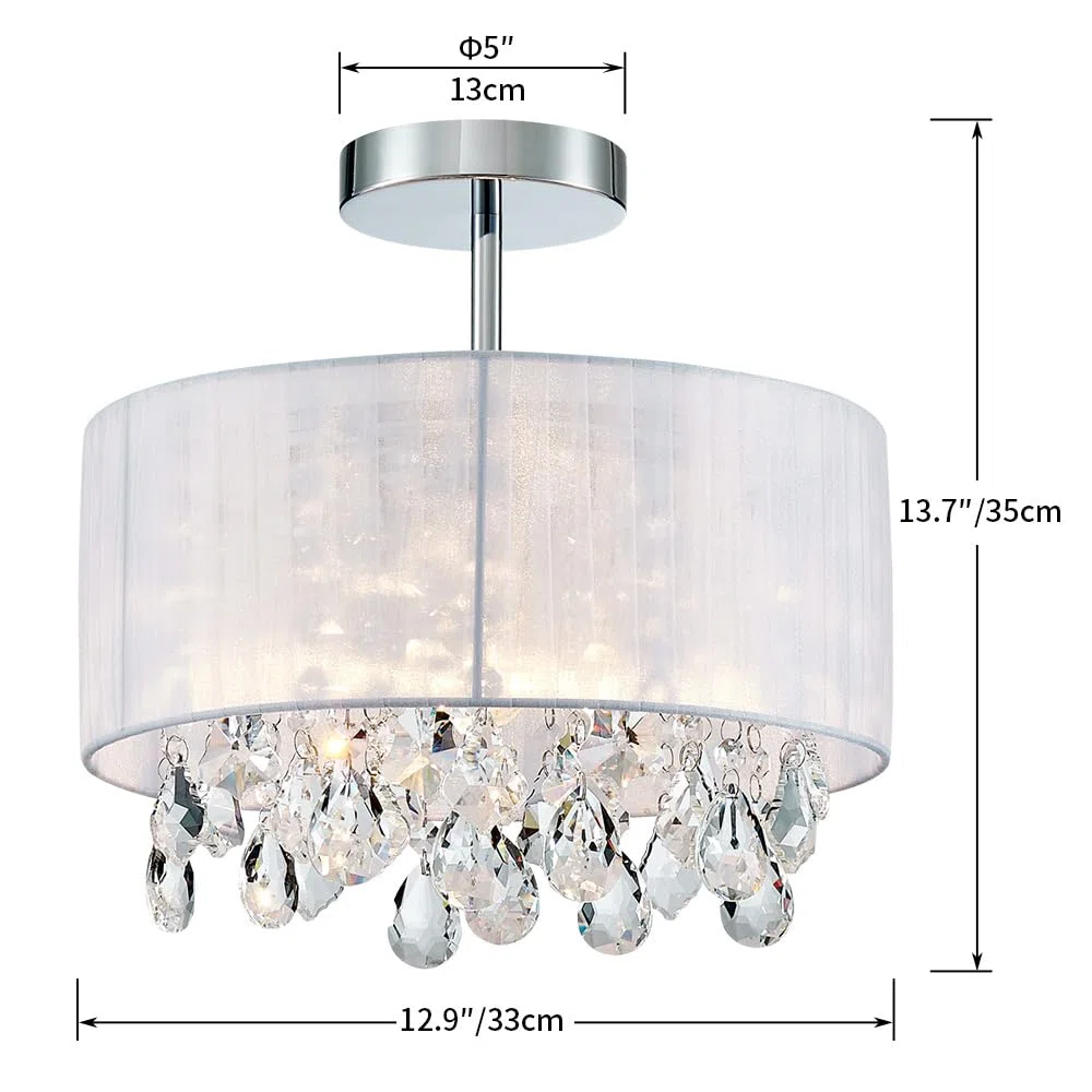 SHRINE Lighting Lustre en cristal blanc, design moderne, plafonnier pour espace de vie, D33 x H35 cm, douille E27*1, abat-jour en tissu blanc & finition chromée