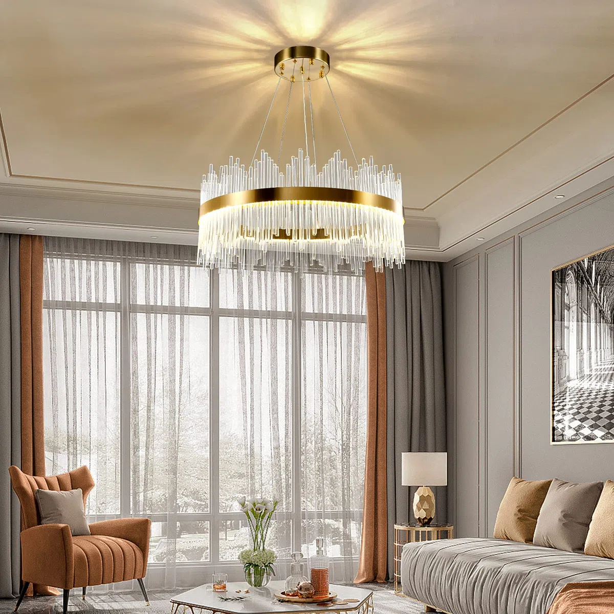 Chandelier en cristal d’or moderne pendentif Light, Dimmable lampe ronde en cristal de luxe, pour le salon, la salle à manger, la chambre, le Restaurant, Ø60 cm