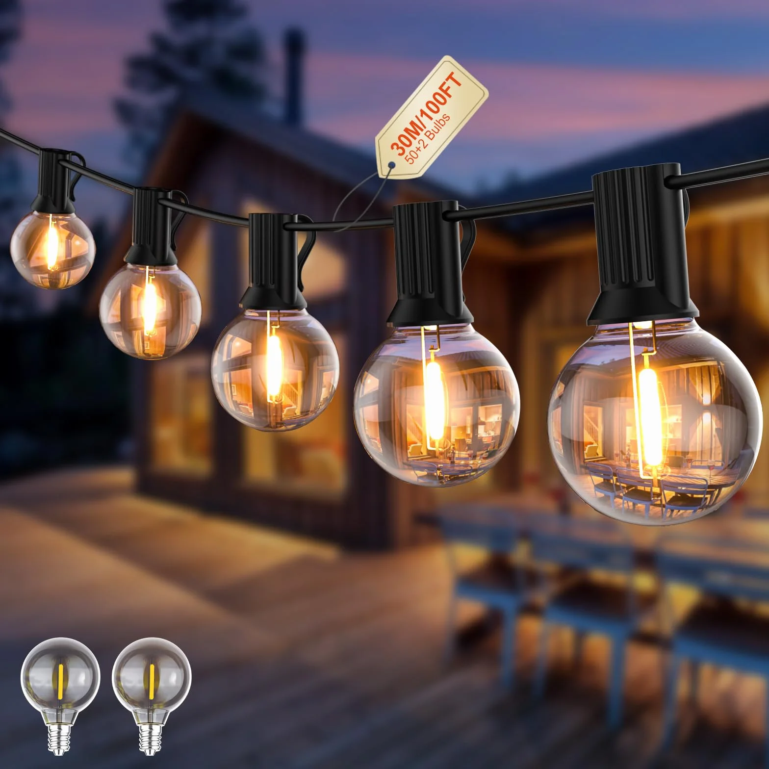 Guirlande Lumineuse Extérieure G40 30M Festoon Lights, Alimentée Sur Secteur, 50 Ampoules Incassables, Étanche