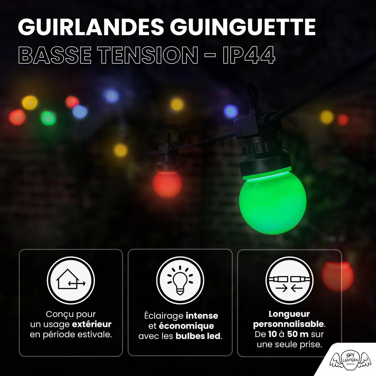 Guirlande Guinguette Multicolore 10M IP44 - Guirlande Lumineuse Exterieure 10 Bulbes Bleu Rouge Jaune Vert pour Terrasse et Jardin