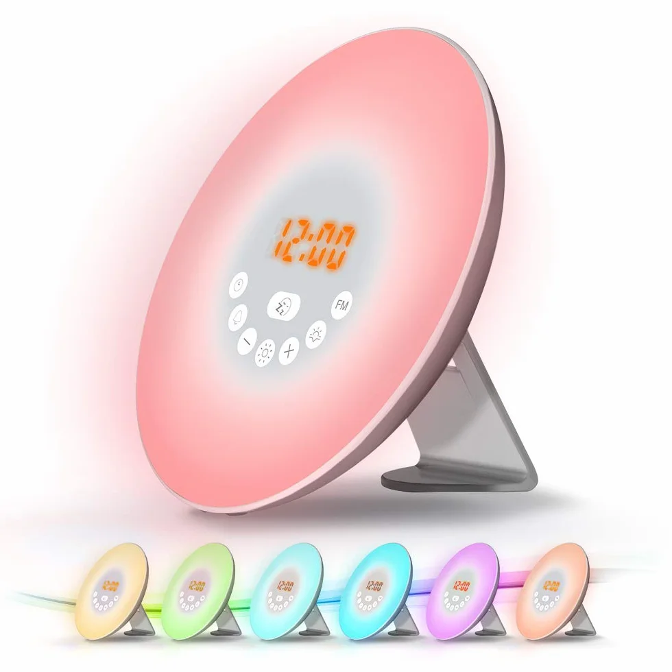 Radio Réveil Lumineux LED Tactile avec 6 Sons Naturels, 7 Couleurs, 10 Niveaux de Luminosité pour Bébé Enfant Adulte