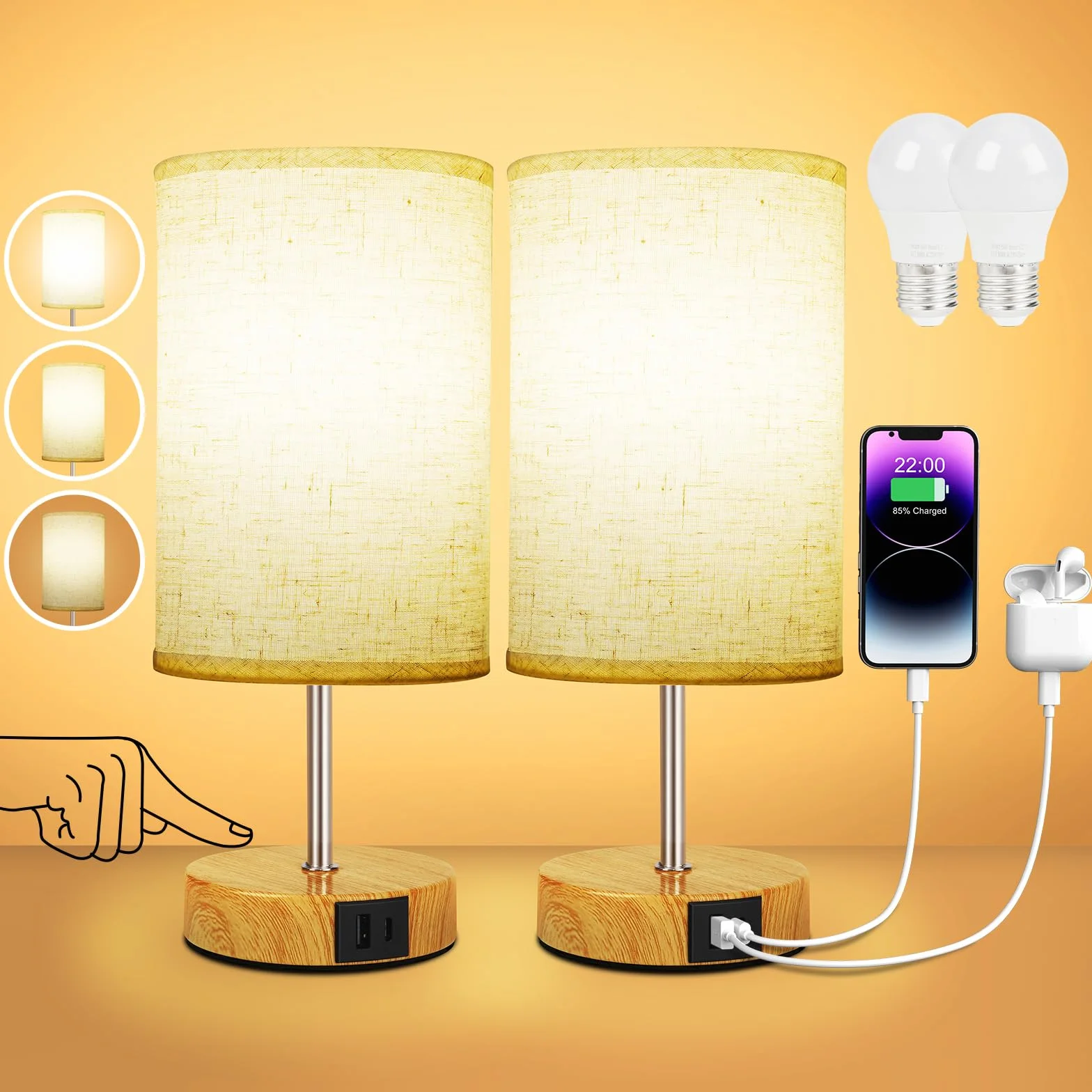 Suright Lampe de Chevet Tactile Lot de 2 avec Ports de Charge USB-A + USB-C, Intensité Variable 3 Voies, Abat-jour en Tissu de Lin, Petite Lampes de Table pour Chambrer Salon Hôtel (Ampoule Incluse)