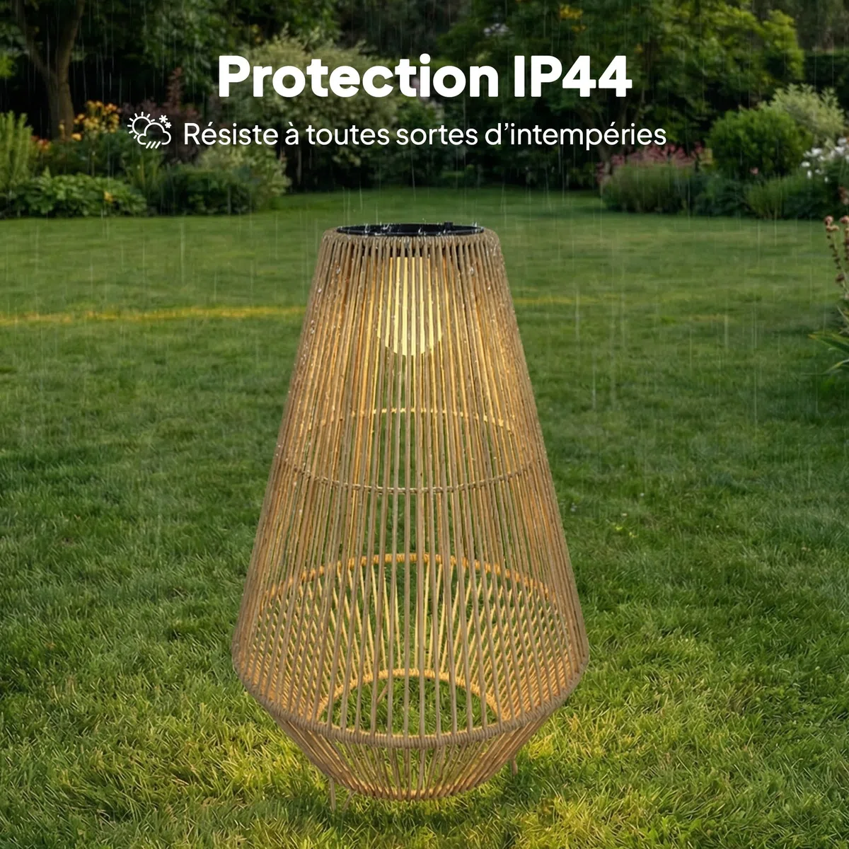 Outsunny Lanterne Solaire Extérieure en résine tressée lampadaire LED rechargeable avec capteur de lumière pour jardin patio terrasse jaune