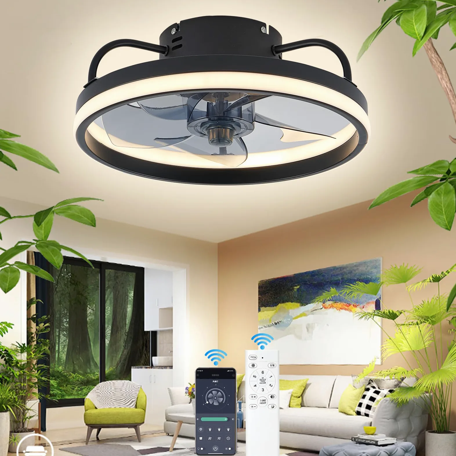 Eznaobo Ventilateur de plafond 50 cm avec éclairage et télécommande 6 vitesses variateur d'intensité application intelligente silencieux Noir