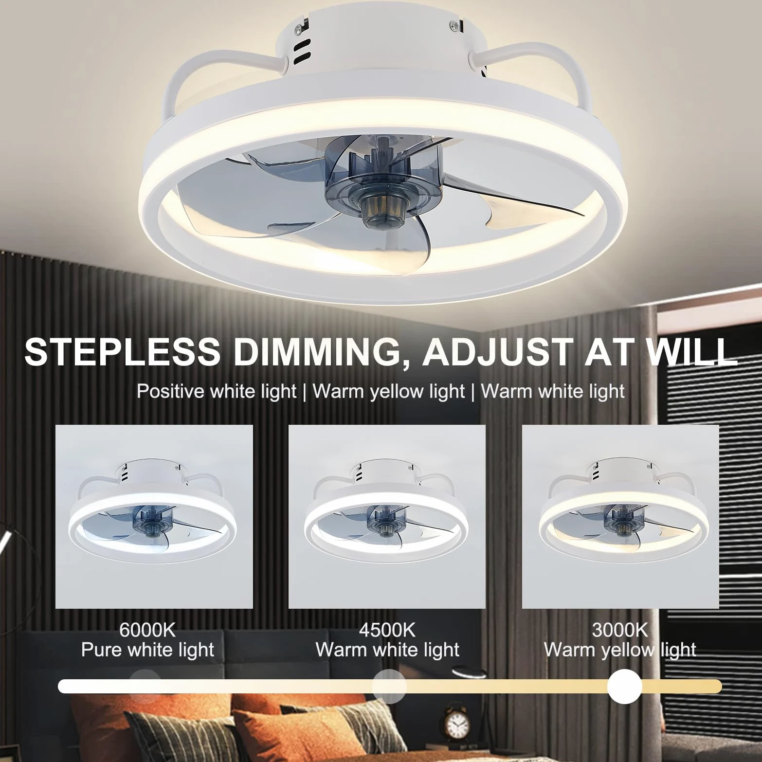Eznaobo Ventilateur de plafond 50 cm avec éclairage et télécommande 6 vitesses variateur d'intensité application intelligente silencieux Noir