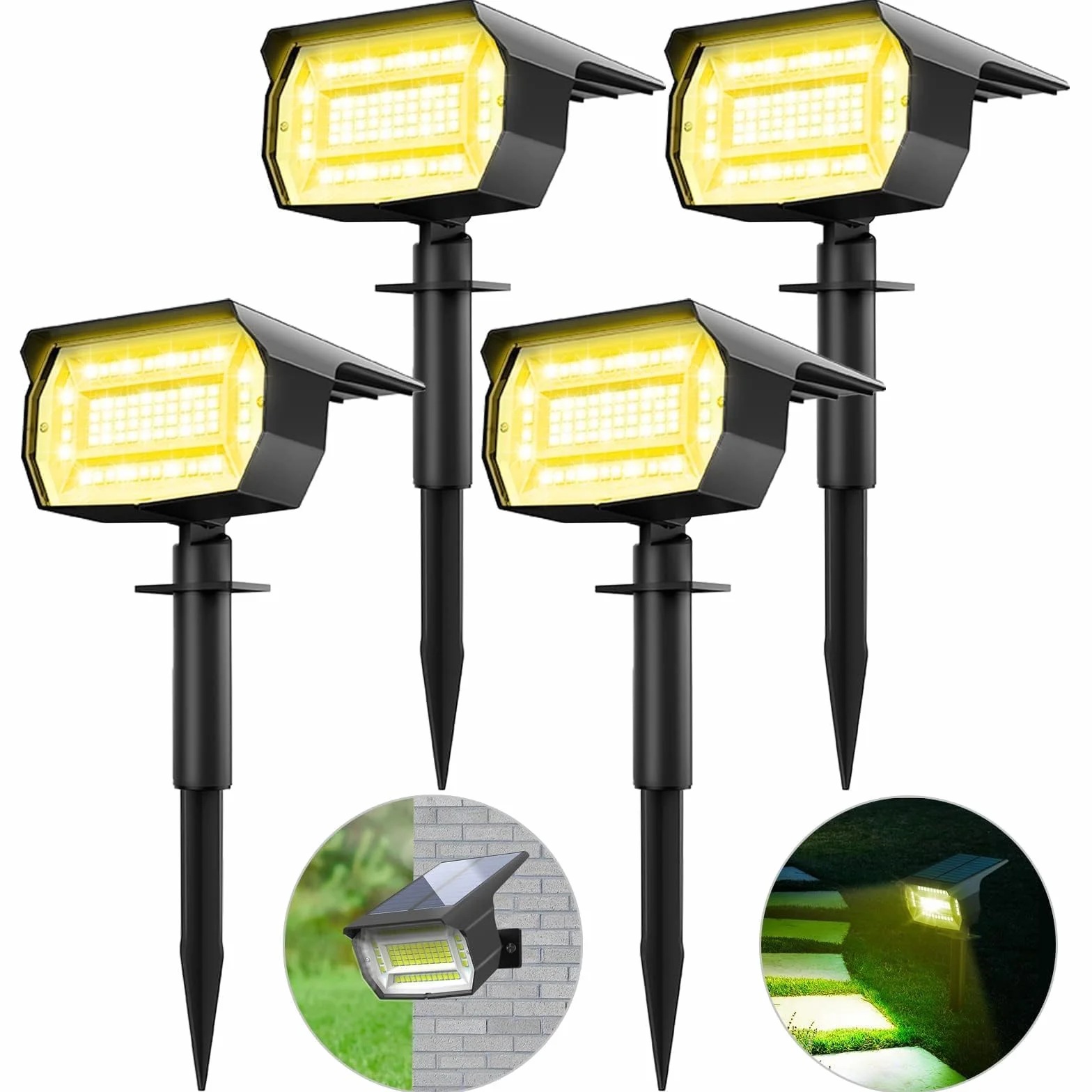 Lot de 4 Spot Solaire Exterieur 72 LED IP65 Etanche 3 Modes d'Éclairage 120° pour Jardin