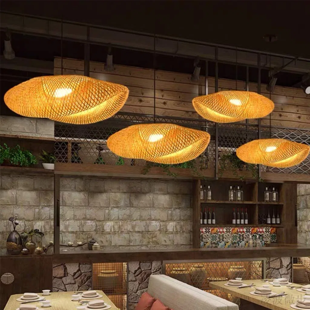 Suspension E27 Bambou Pendentif Industriel Lustre Tissage Intérieur Vintage Naturel Luminaire Plafonnier Suspendue pour Restaurant Salon Chambre Café, 100cm