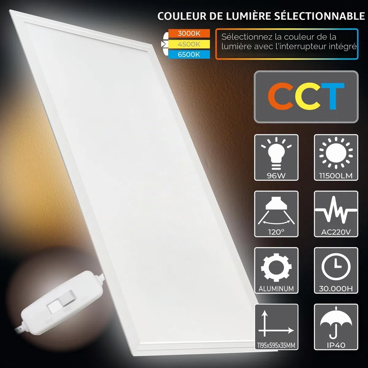 Panneau LED Encastrable 120x60cm 96W CCT 11500 Lumens Driver Inclus