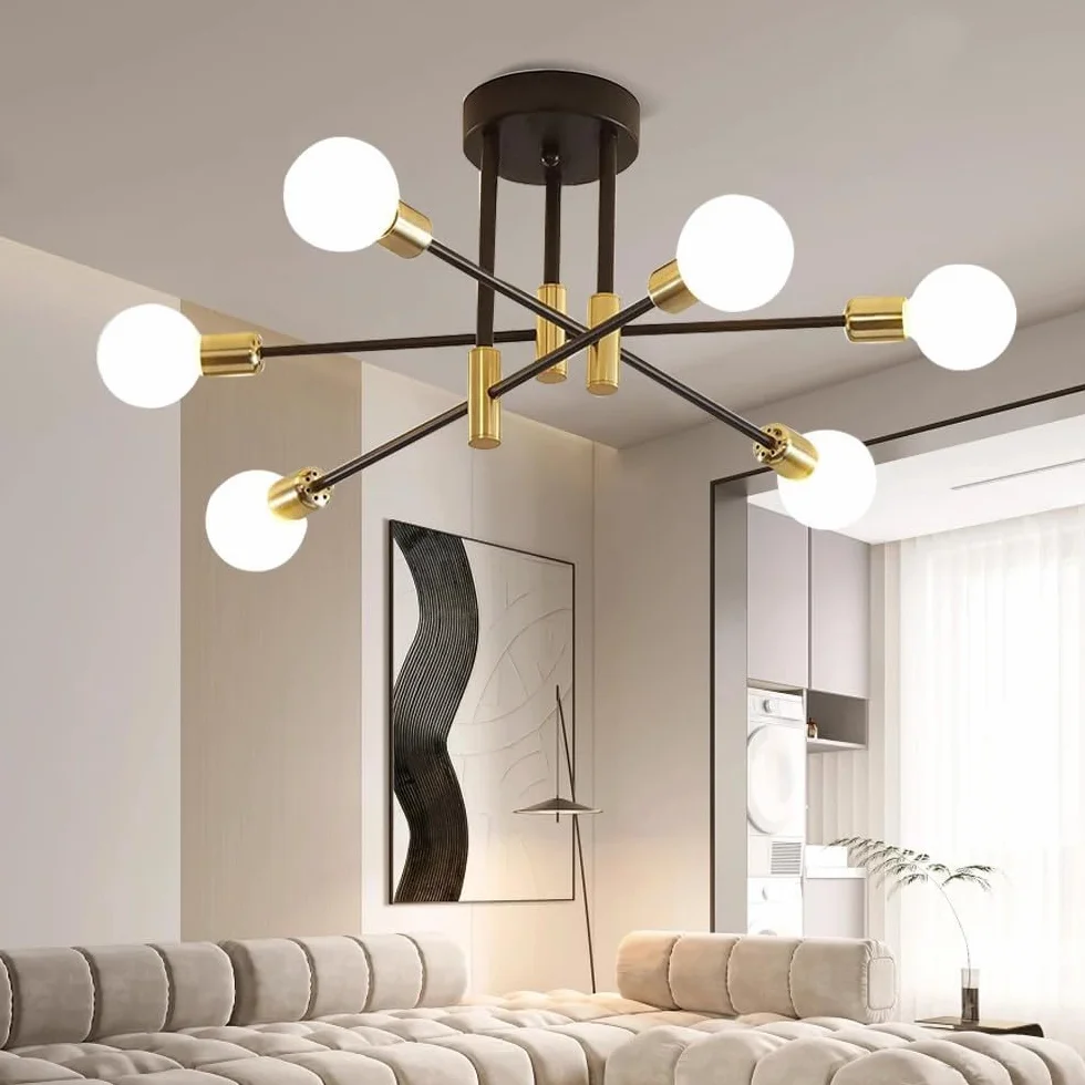 Comely Plafonnier Industriel, 6 Lumières Lustre Sputnik Vintage, Moderne Suspension Luminaire en Metal E27 Base Lampe Plafond pour Salon Chambre Cuisine Salle À Manger Bar Café, Diamètre 72cm