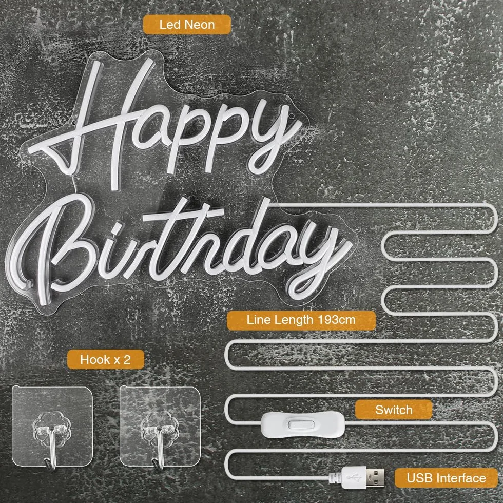 Happy Birthday Neon Sign, Lampe Néon LED Blanc Chaud Décoration de Fête d'Anniversaire, environ 42 x 32 cm