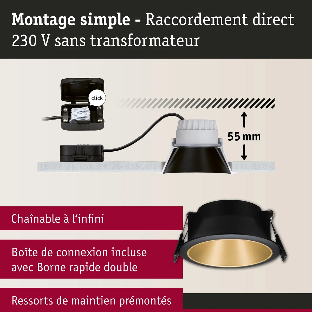 Paulmann 93404 LED Cole rond incl. 3x6 watts gradable projecteurs Noir, Doré mat Lampe encastrée plastique, Alu zinc spot pour plafond 2700 K, Matière, 19.5 W, 3er-Set