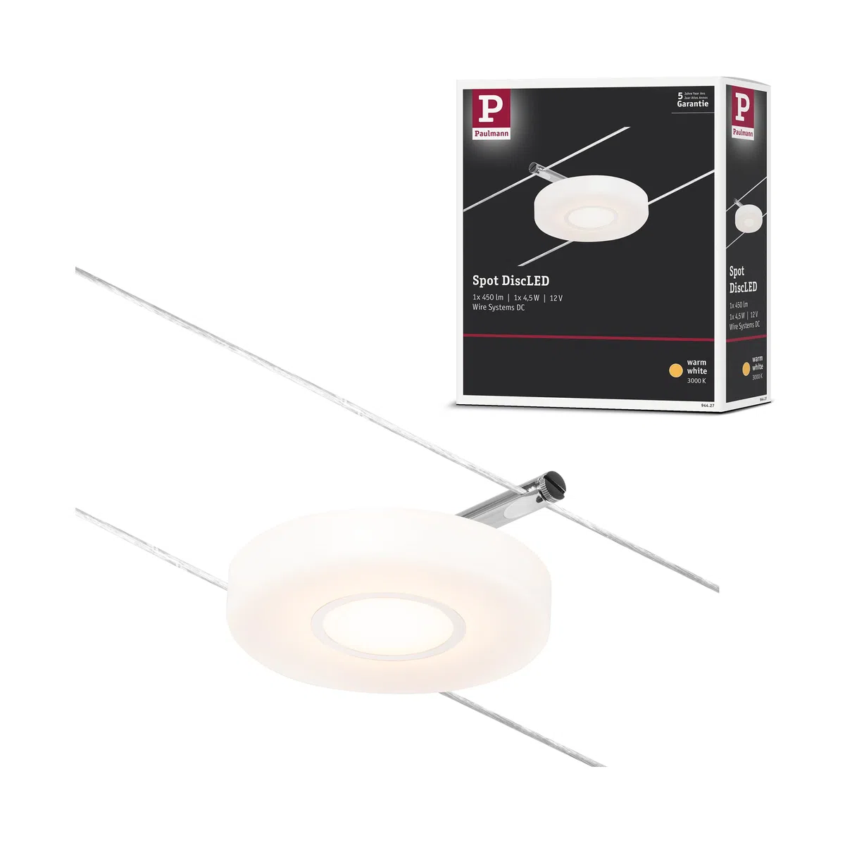 Paulmann CorDuo 94427 Spot LED en forme de corde avec 1 ampoule 4,5 W extensible Chrome mat, câble métallique chromé 3000 K