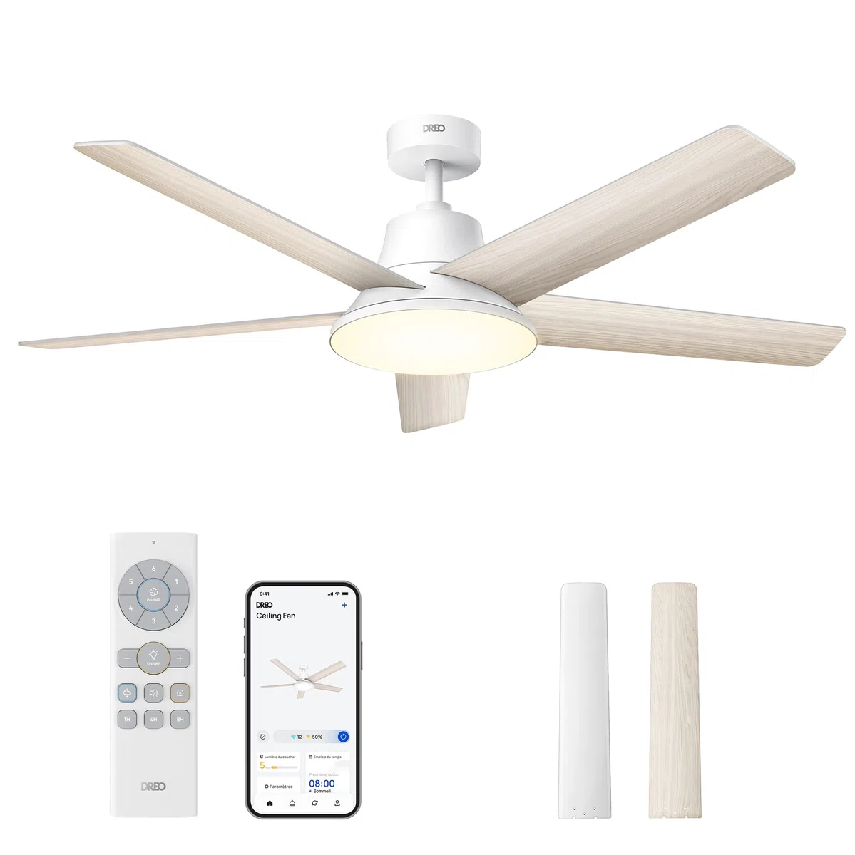 DREO ventilateur de plafond intelligent 132cm LED dimmable 12 vitesses moteur DC silencieux télécommande APP Alexa blanc