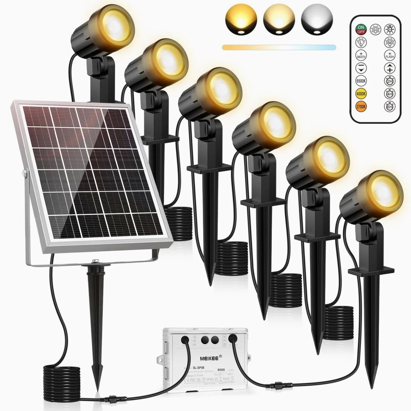 MEIKEE Spot Solaire Exterieur 6 en 1 Lampe Solaire IP66 6000mAh avec Télécommande pour Jardin