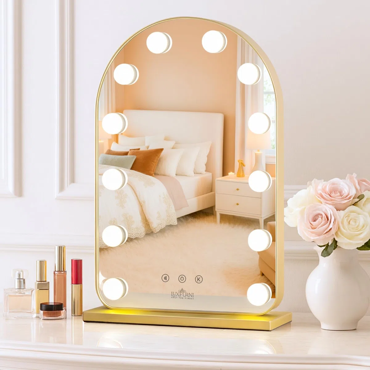 LUXFURNI Miroir à langer avec lumières, miroir de maquillage Hollywood arqué, 12 ampoules réglables, contrôle tactile, 3 modes d'éclairage