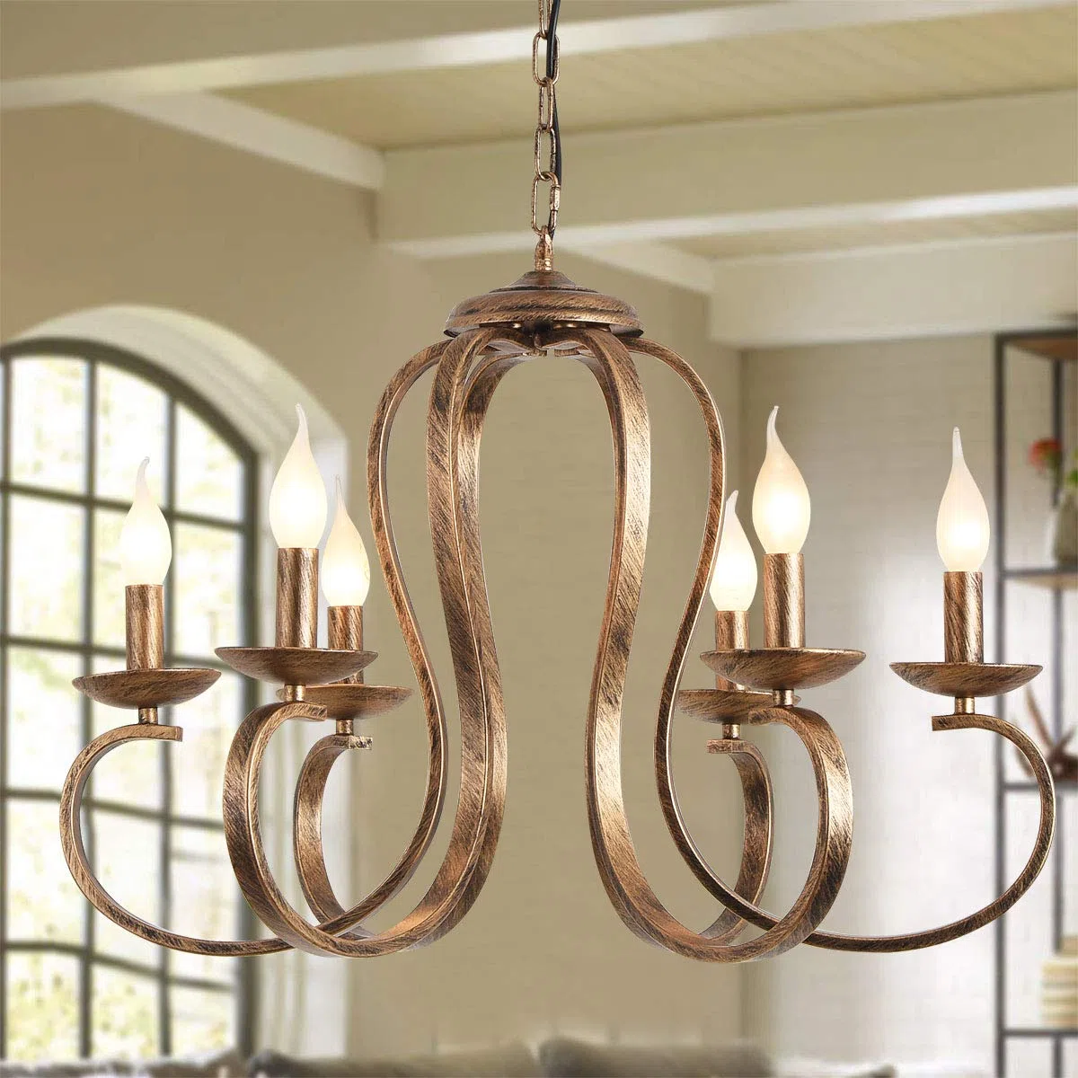 Ganeed Lustres Rétro Fer Pendentif Lustre Bougie Rustique Suspension Lampe Ferme Plafond Suspension Luminaire Antique Laiton Brossé Cuisine Îlot Éclairage Bronze 6 Lumières