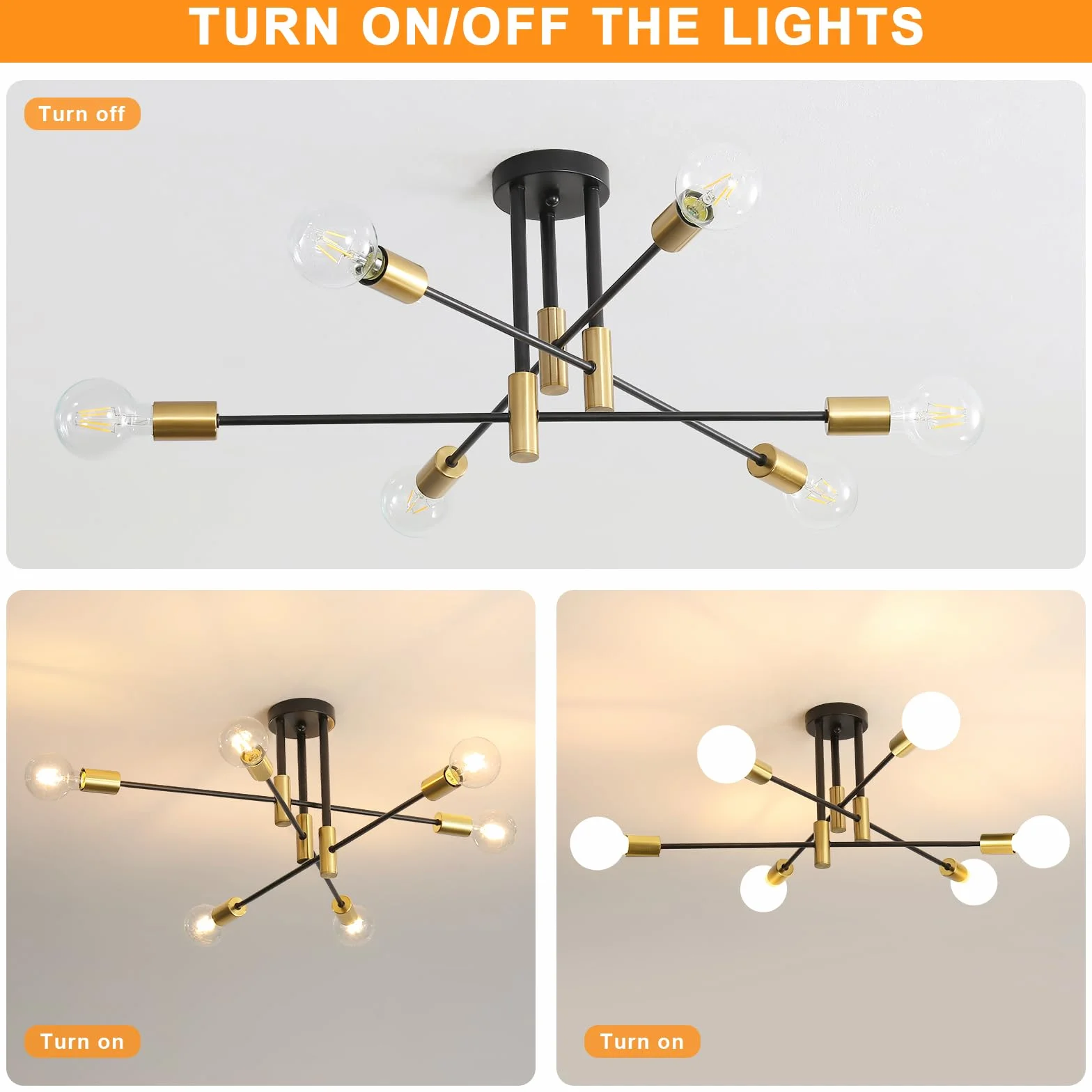 Comely Plafonnier Industriel, 6 Lumières Lustre Sputnik Vintage, Moderne Suspension Luminaire en Metal E27 Base Lampe Plafond pour Salon Chambre Cuisine Salle À Manger Bar Café, Diamètre 72cm