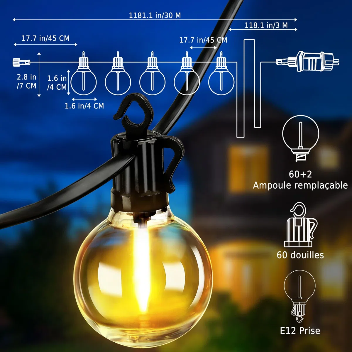 Guirlande Lumineuse Exterieure 30M LED Guinguette Connectable 60+2 G40 Ampoules IP65 Télécommande 4 Modes Minuterie
