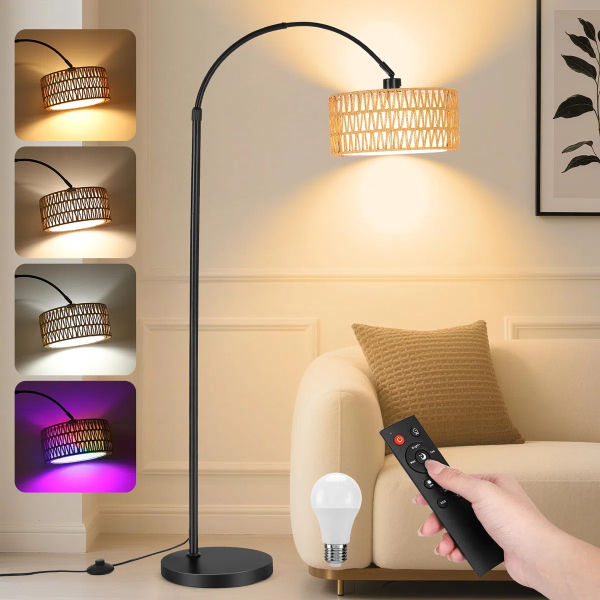Lampadaire LED sur Pied Arc 9W 900LM avec Télécommande & E27 Ampoule, Lampe Liseuse Réglable, Noir