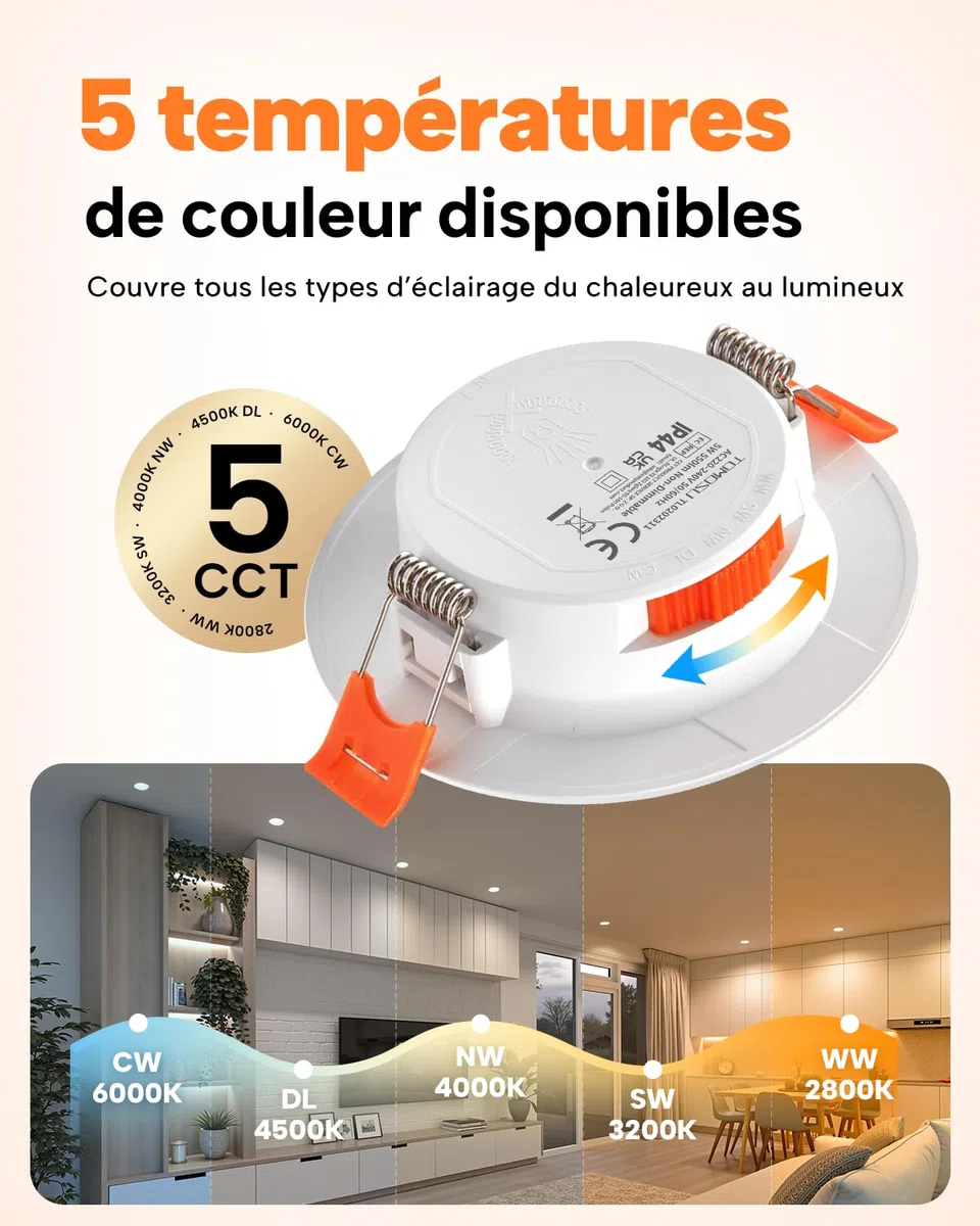 Tomosu Lot de 12 5CCT Spot Led Encastrable 68mm, 5W 550LM Spot Extra Plat IP44 Spots Encastrés Salle de Bain, 220V Spots de Plafond Blanc Chaud Blanc Neutre Blanc Froid, Trou Ø68-80mm, Non Dimmable