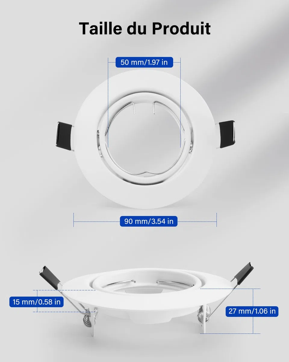 Leselux Spot Encastrable GU10 Set 10 Pièces Cadre Blanc Orientable 60° Trou Montage Ø68-80mm 230V