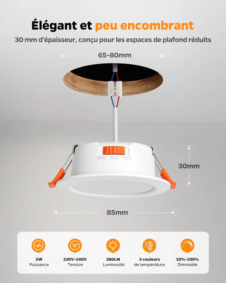 Sanyoung Spot LED Encastrable Dimmable 5W, Blanc Chaud Neutre Froid, Trou 65-80mm, IP44, Lot de 10