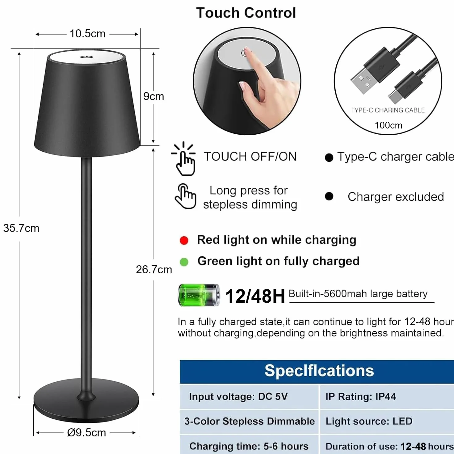 Lampe de Table à Batterie LED Dimmable, Lampe de Table Sans Fil Tactile avec USB-C, Lampe de Bureau à Batterie Rechargeable LED en Métal pour Extérieur et Intérieur, Aluminium, IP44, 5600mah, 5W, Noir