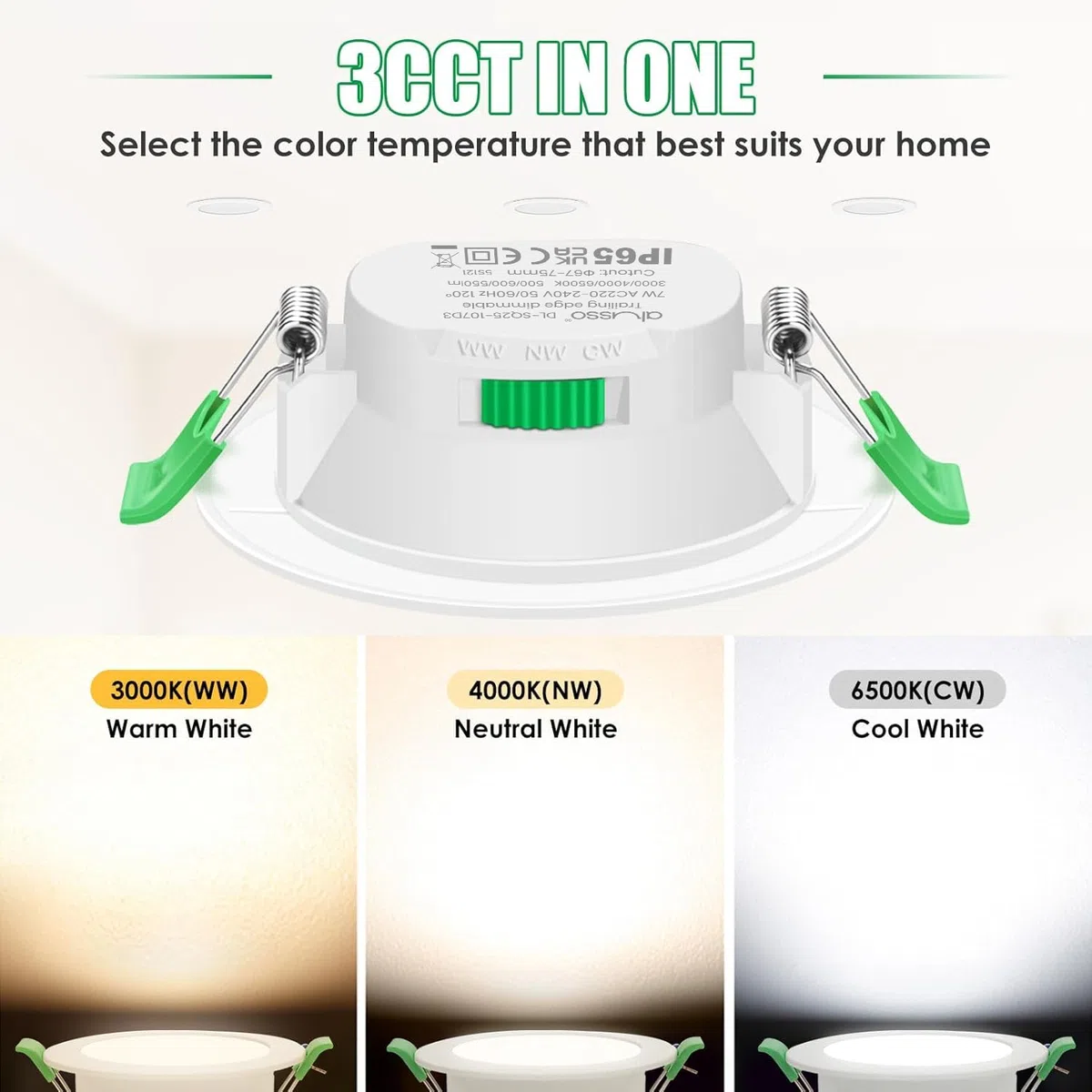 ALUSSO Lot de 6 Spot LED Encastrable 68mm 7W Dimmable AC 220-240V 3000K 4000K 6500K IP65 Réglable Plafonnier Encastré Nickel