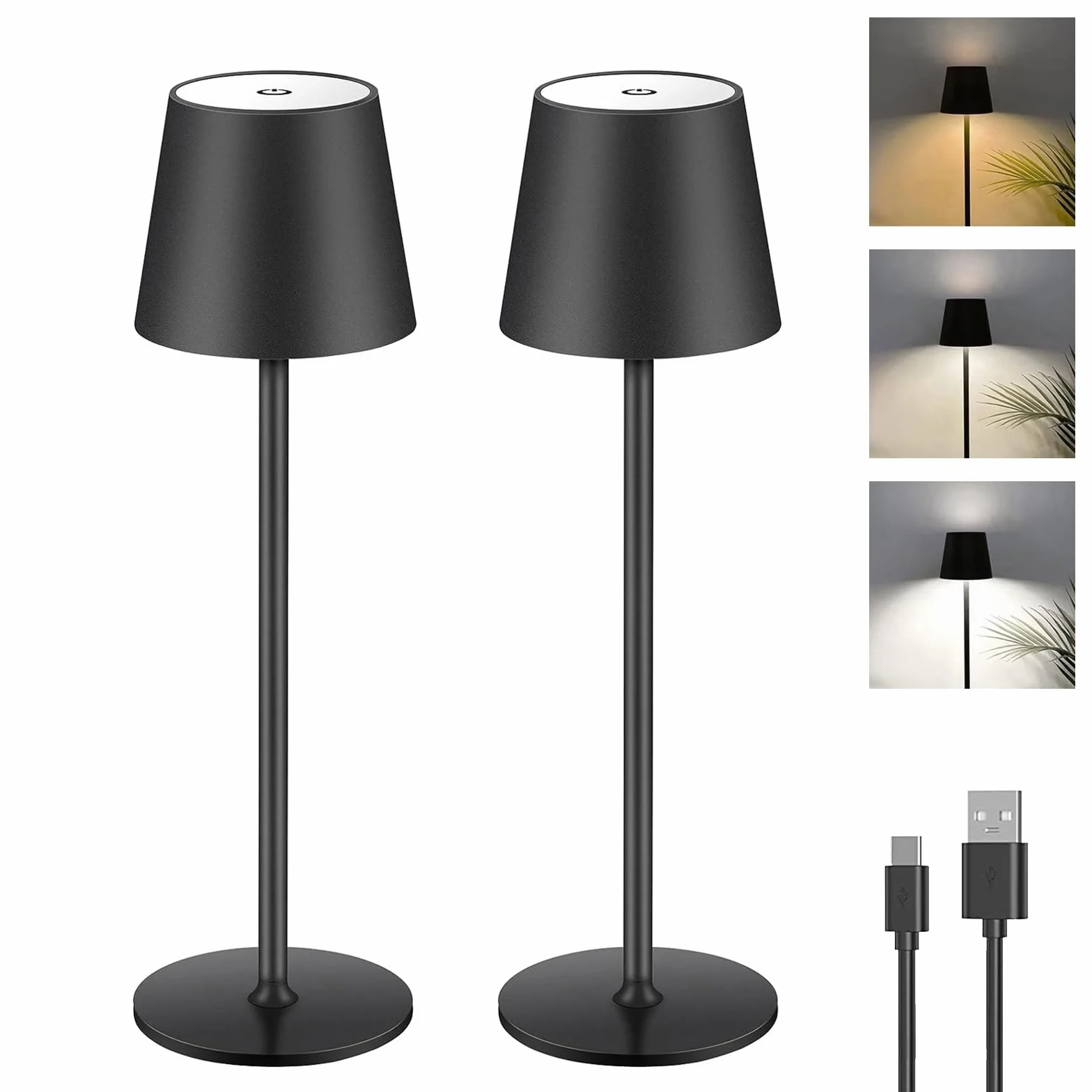 Lampe de Table à Batterie LED Dimmable, Lampe de Table Sans Fil Tactile avec USB-C, Lampe de Bureau à Batterie Rechargeable LED en Métal pour Extérieur et Intérieur, Aluminium, IP44, 5600mah, 5W, Noir