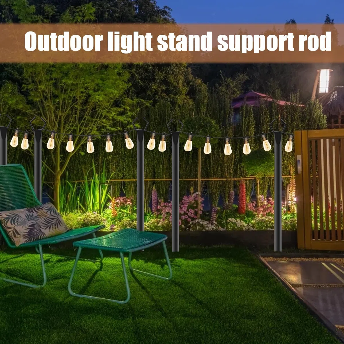 Poteaux d'éclairage de jardin Lot de 2 – Tige de support extérieur en métal robuste avec ancrages pour guirlandes lumineuses