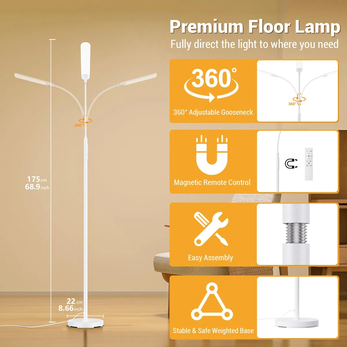 Lampadaire LED Dimmable 18W 1200lm avec Télécommande et Contrôle Tactile 4 Températures 4 Luminosités Blanc