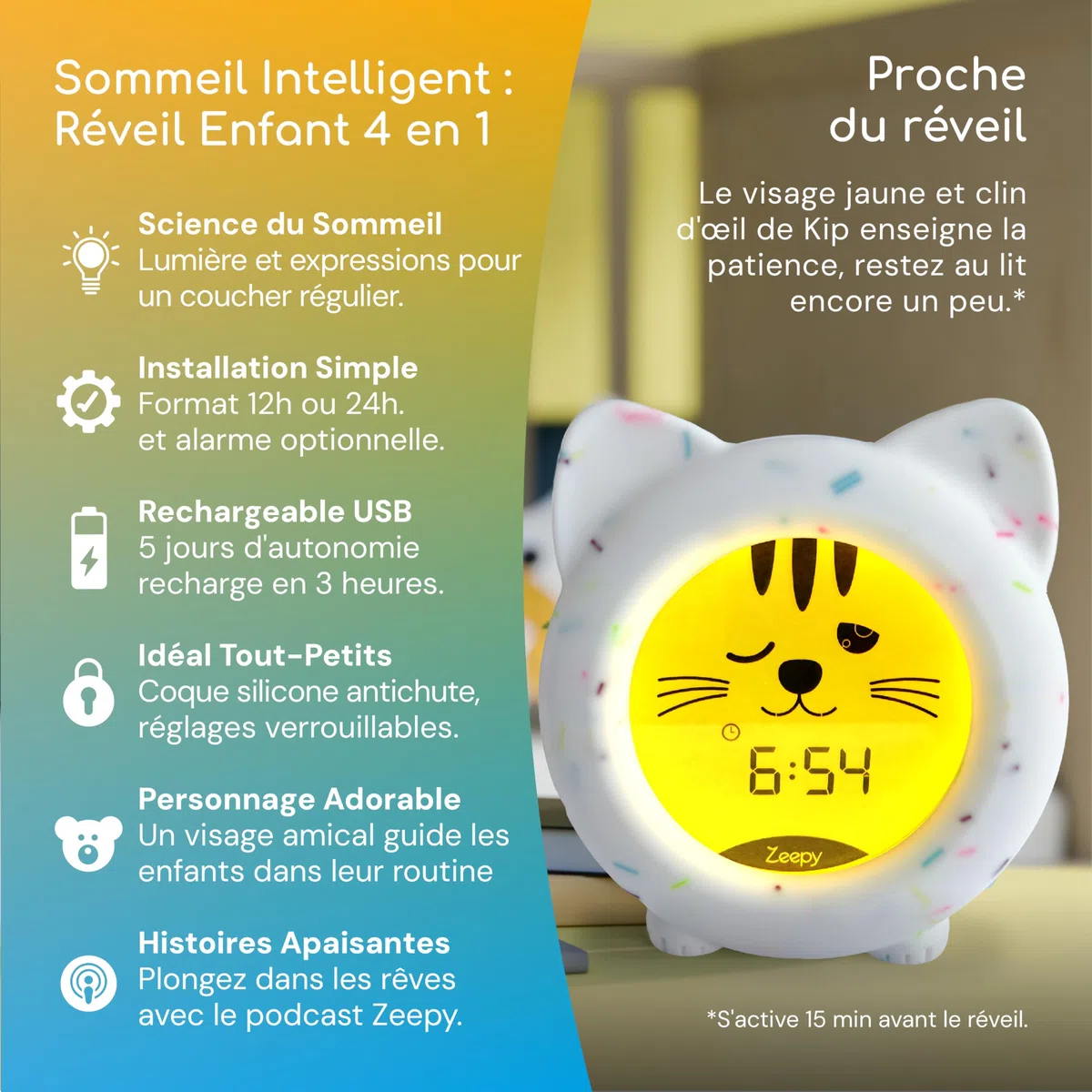 Zeepy Horloge Enfant 4 Phases Apprentissage Sommeil Reveil Educatif Jour/Nuit Veilleuse Bébé USB Cadeau Naissance