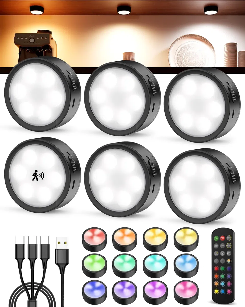 Lampe Detecteur de Mouvement Interieur, Spot LED Rechargeable 2400mAh RGB Sans Fil Magnétique, Veilleuse LED Eclairage Cuisine Sous Meuble