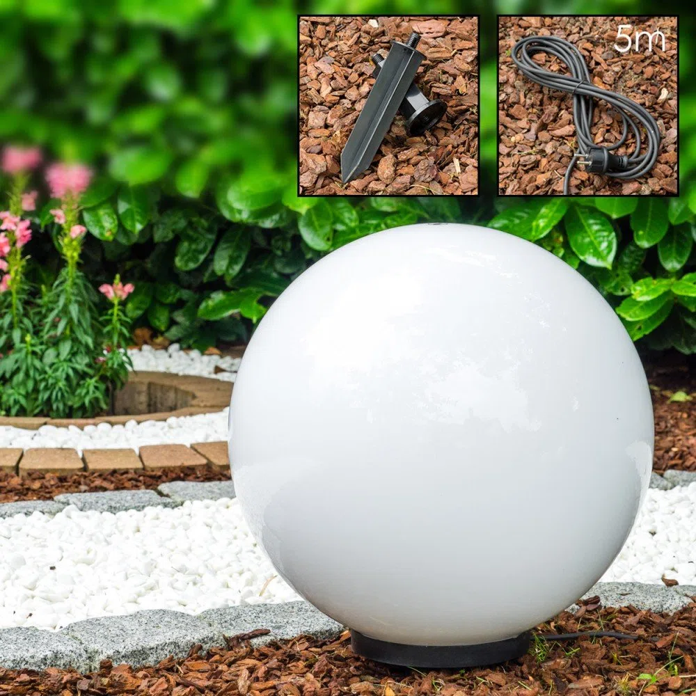 Boule lumineuse Miau avec piquet de terre, lampe d'extérieur en plastique blanc Ø 50 cm E27, câble 5 m